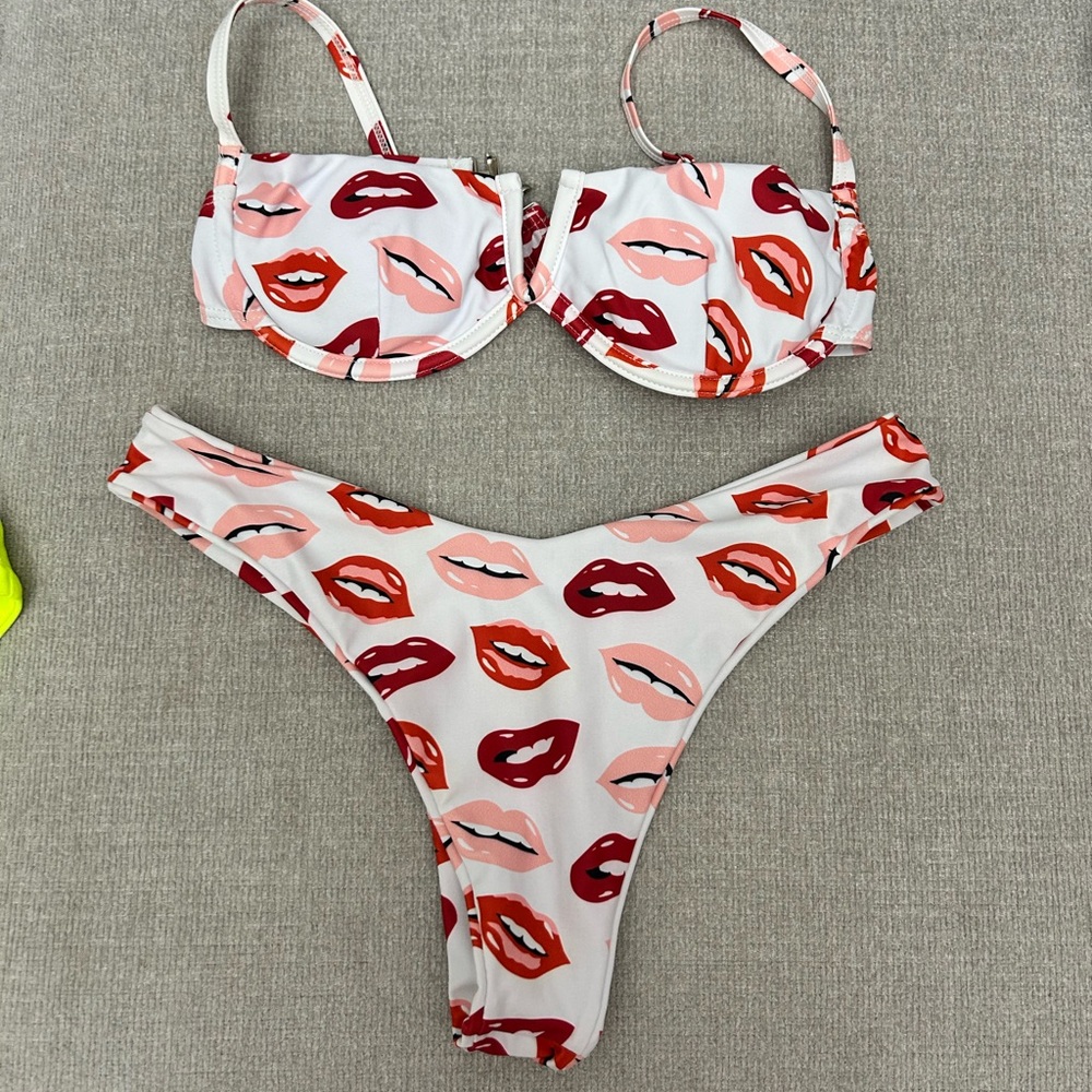 Lip Print Bikini Set - White with Red & Pink Lips